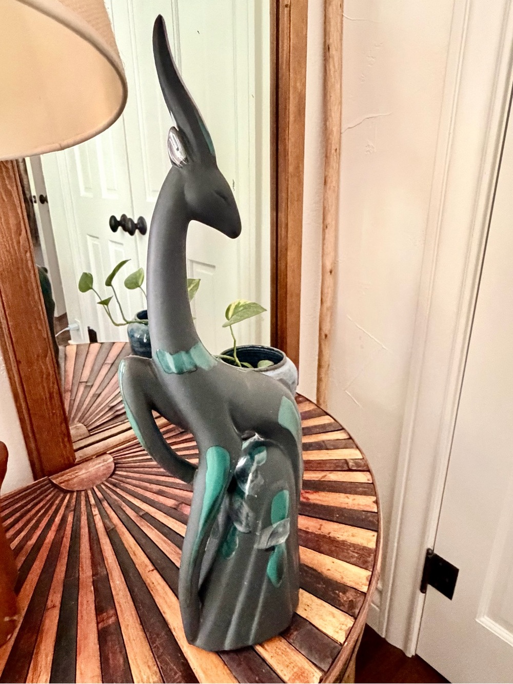 Mid-Century Modern Ceramic Gazelle Figurine in Teal Mauve and Gray